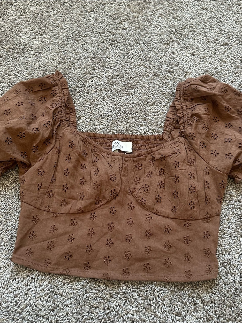 Hollister Brown Eyelet Puff-Sleeve Crop Top